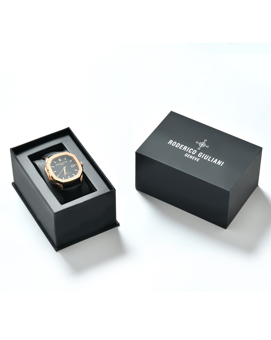 Black Dial Rose Gold Case Black Leather Strap Men's Analog Watch
