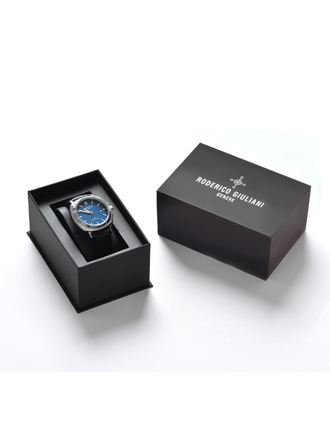Blue Dial Silver Case Black Leather Strap Men's Analog Watch