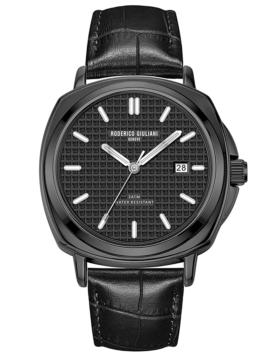 RODERICO GIULIANI ANALOG BLACK DIAL BLACK CASE BLACK LEATHER STRAP MEN'S WATCH MLEA-7502