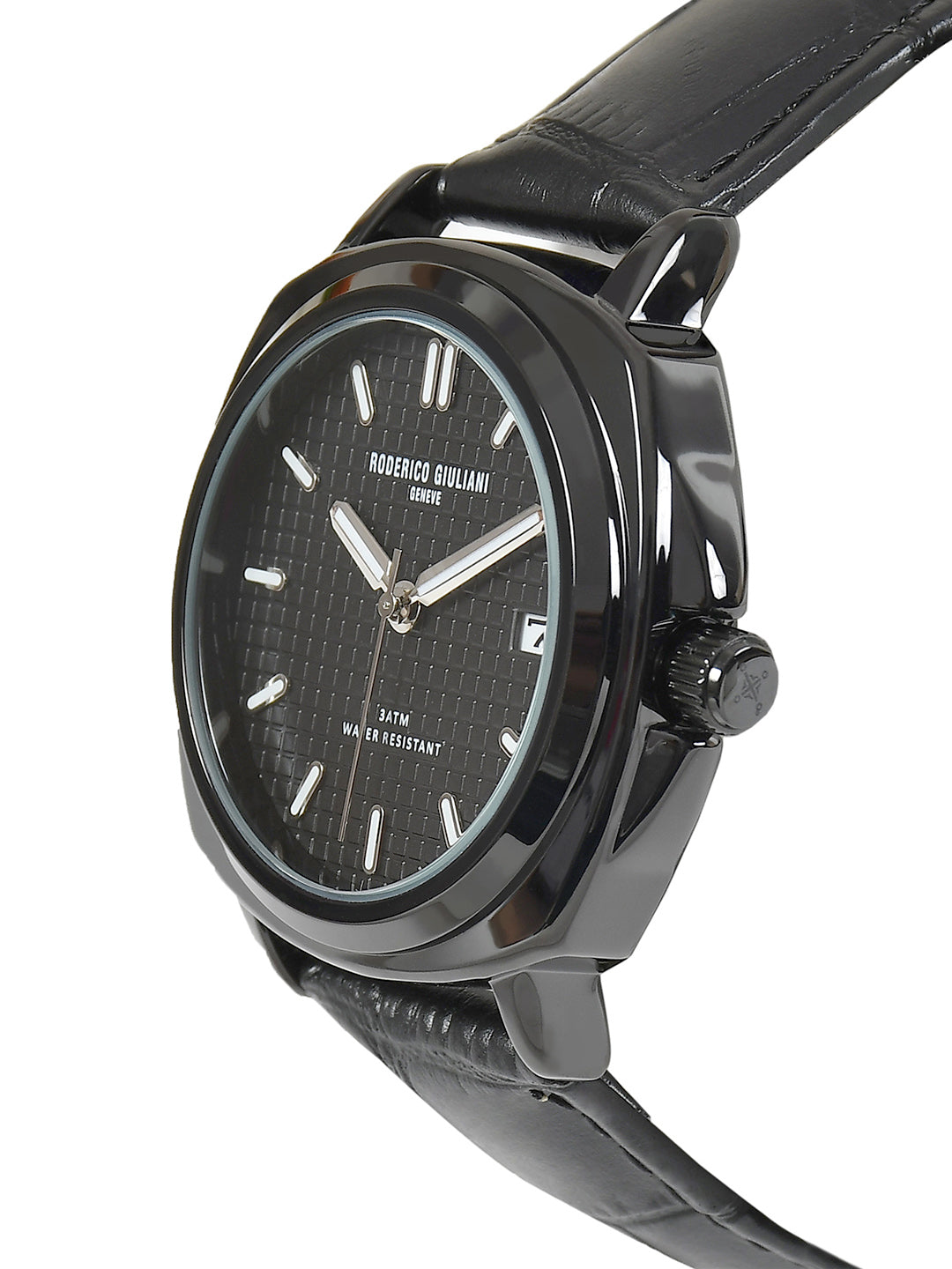 RODERICO GIULIANI ANALOG BLACK DIAL BLACK CASE BLACK LEATHER STRAP MEN'S WATCH MLEA-7502