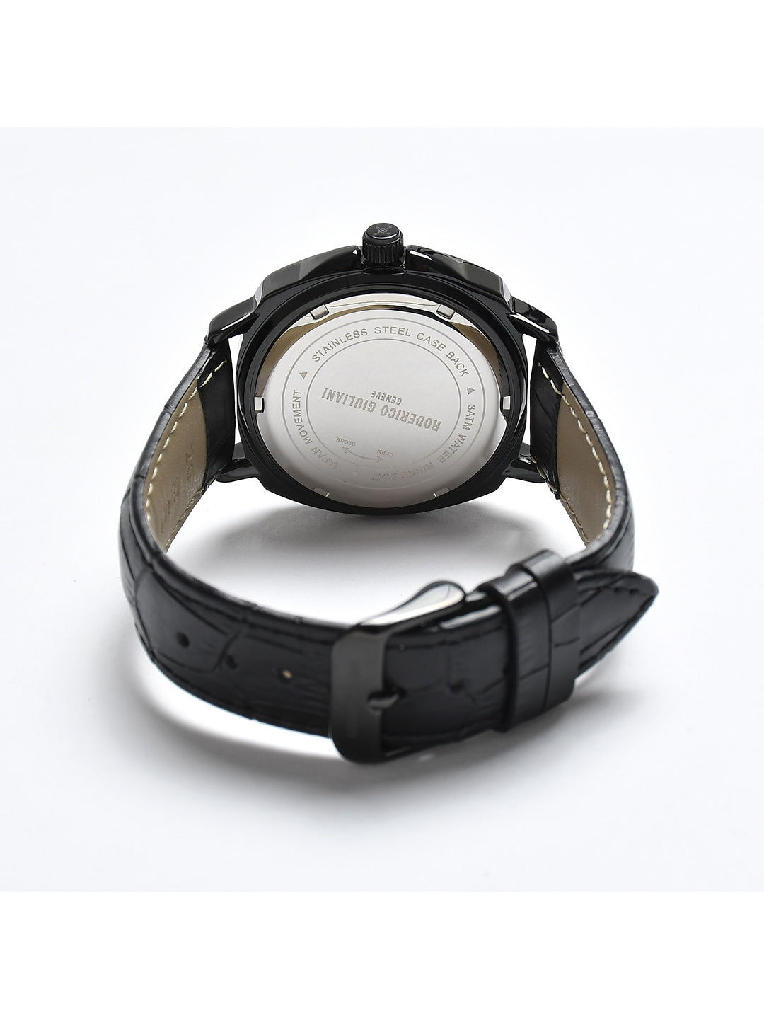 RODERICO GIULIANI ANALOG BLACK DIAL BLACK CASE BLACK LEATHER STRAP MEN'S WATCH MLEA-7502