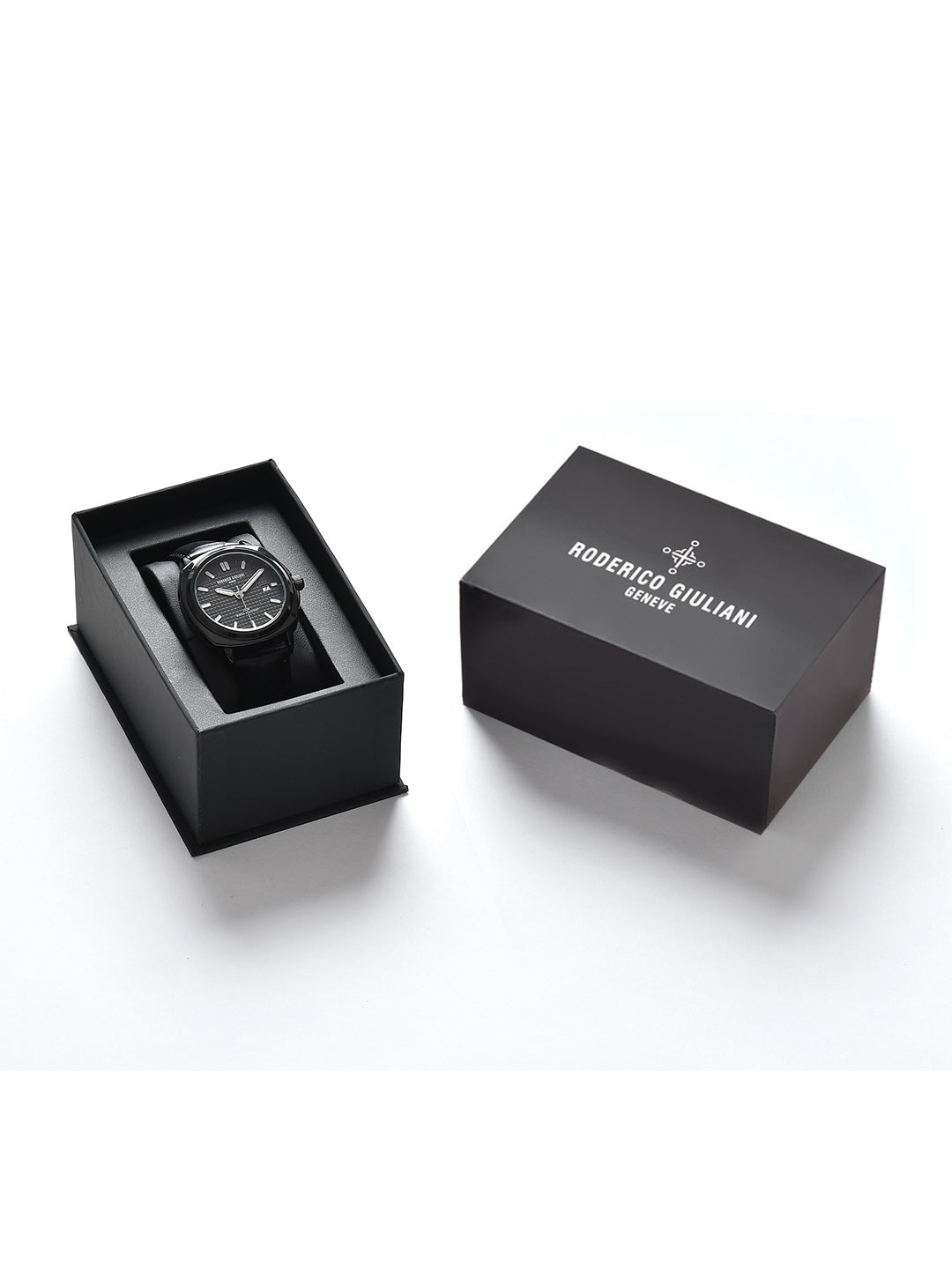 RODERICO GIULIANI ANALOG BLACK DIAL BLACK CASE BLACK LEATHER STRAP MEN'S WATCH MLEA-7502