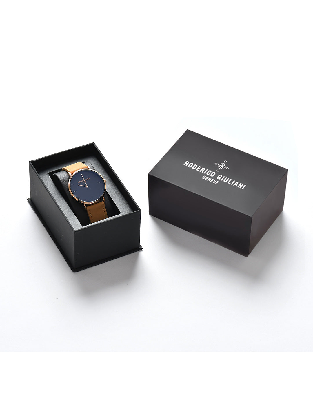 RODERICO GIULIANI ANALOG BLACK DIAL ROSE GOLD CASE CAMEL SUEDE LEATHER STRAP MEN'S WATCH MLEA-7603