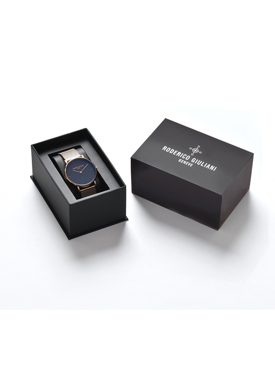 RODERICO GIULIANI ANALOG BLACK DIAL ROSE-GOLD CASE ROSE-GOLD MESH STRAP MEN'S WATCH MMSA-7603