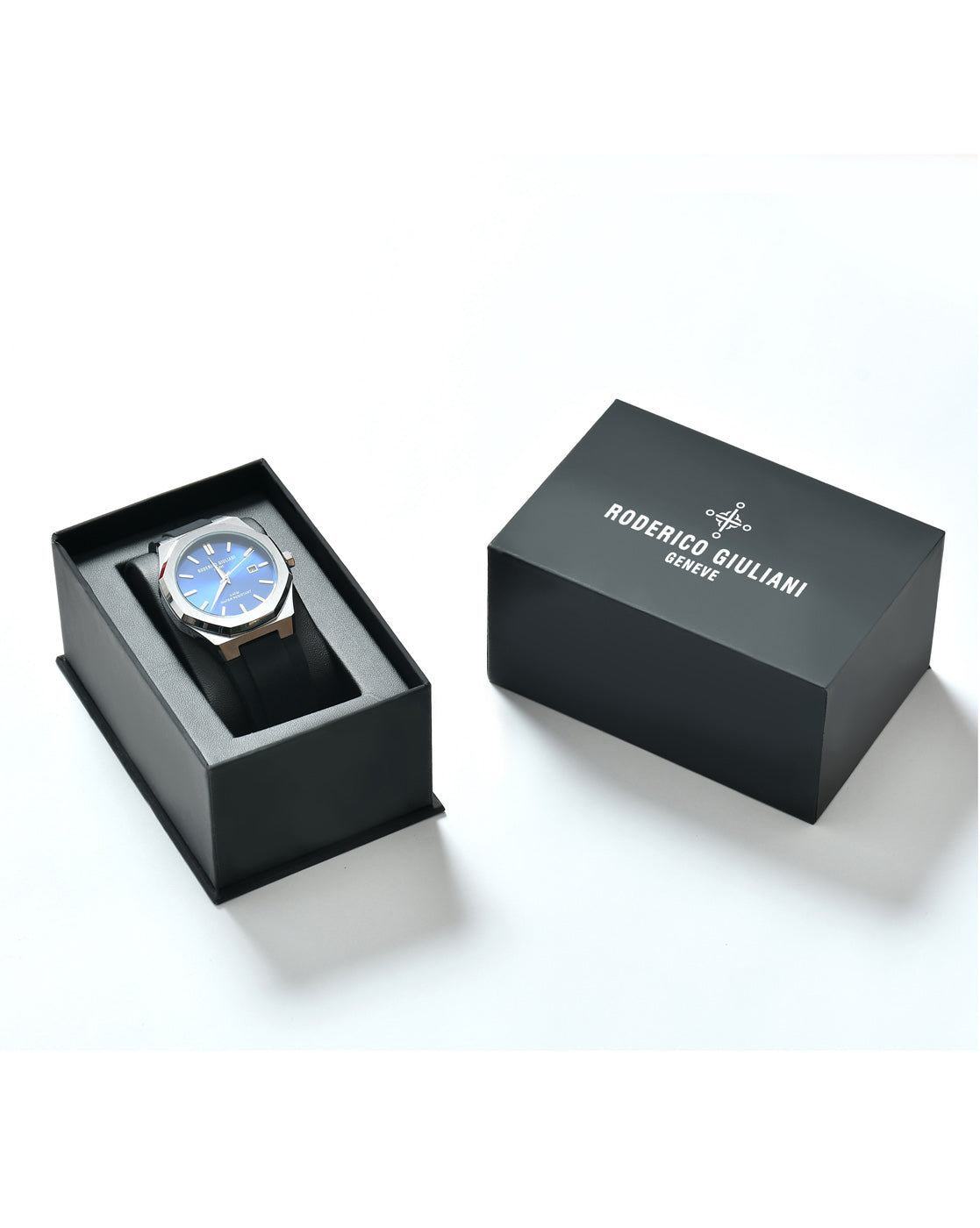 RODERICO GIULIANI ANALOG BLUE DIAL SILVER CASE BLACK SILICONE STRAP MEN'S WATCH MSLA-7101
