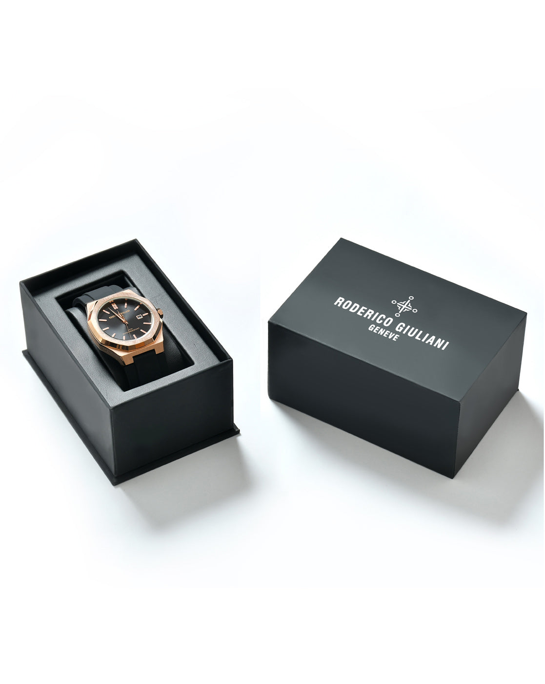 RODERICO GIULIANI ANALOG BLACK DIAL ROSE GOLD CASE BLACK SILICONE STRAP MEN'S WATCH MSLA-7103