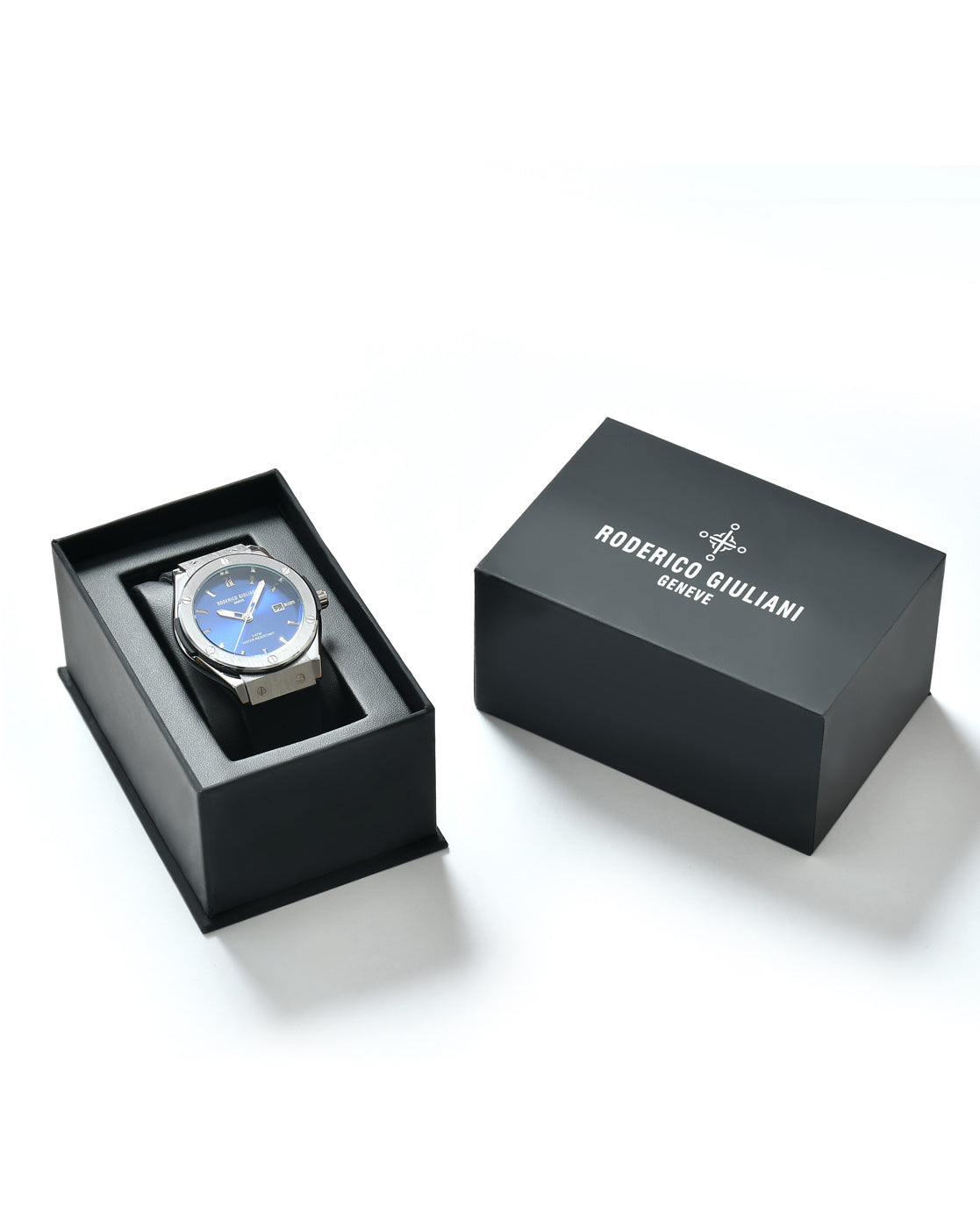 RODERICO GIULIANI ANALOG BLUE DIAL SILVER CASE BLACK SILICONE STRAP MEN'S WATCH MSLA-7201