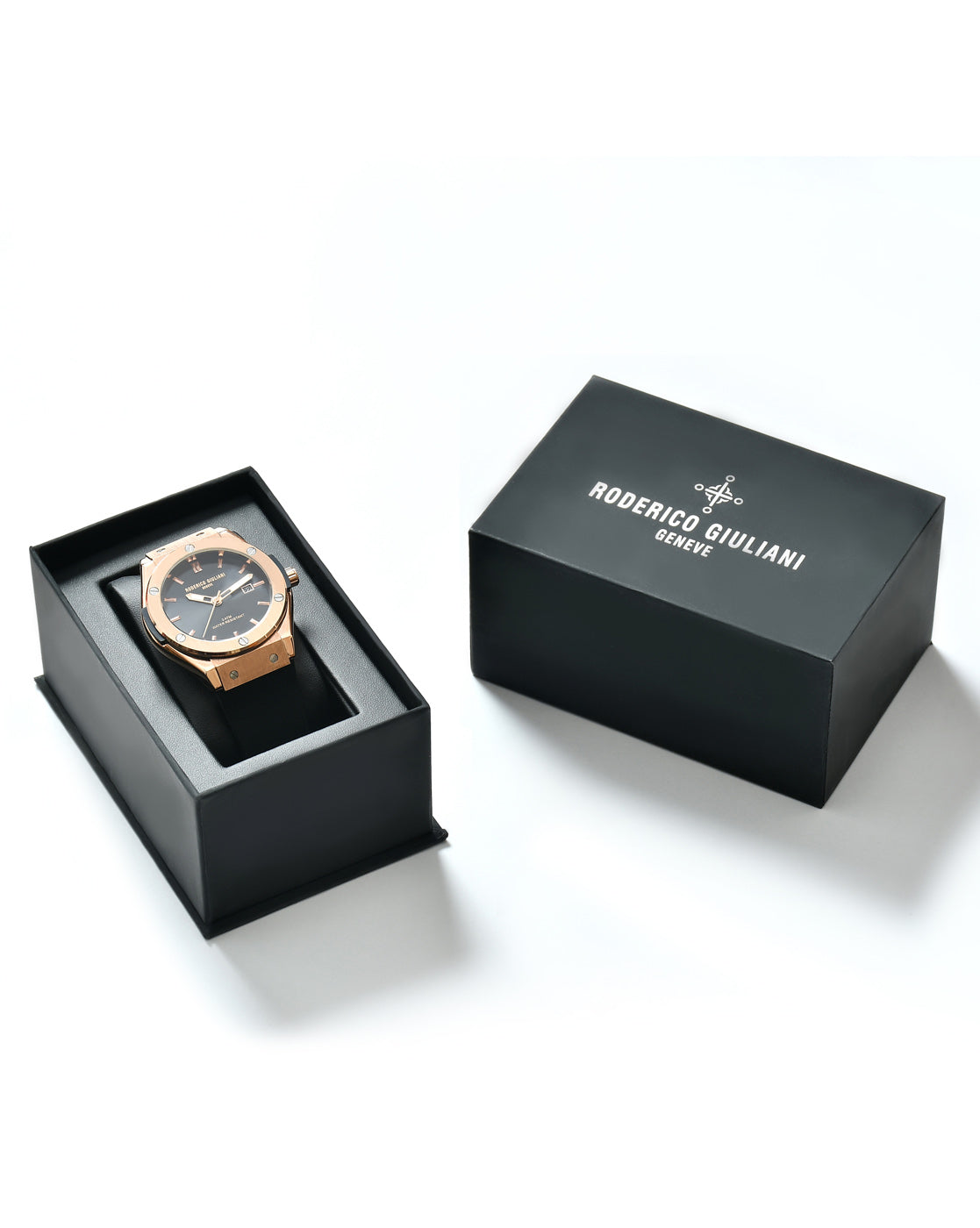 RODERICO GIULIANI ANALOG BLACK DIAL ROSE GOLD CASE BLACK SILICONE STRAP MEN'S WATCH MSLA-7203