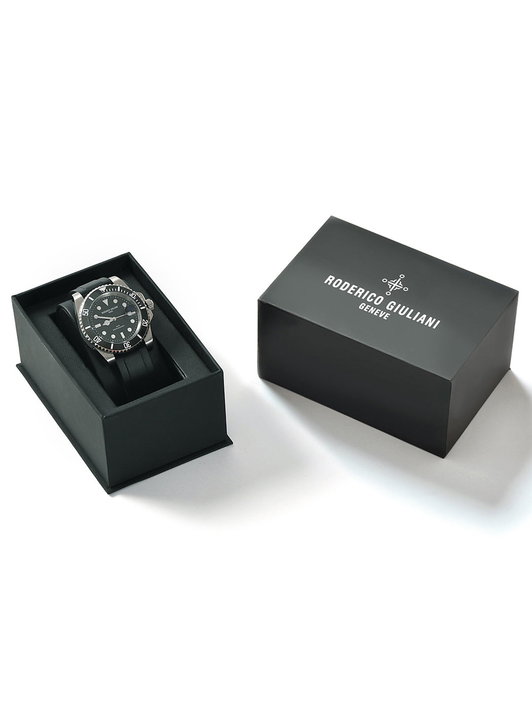 RODERICO GIULIANI ANALOG BLACK DIAL SILVER CASE BLACK BEZEL SILICONE STRAP MEN'S WATCH MSLA-7401