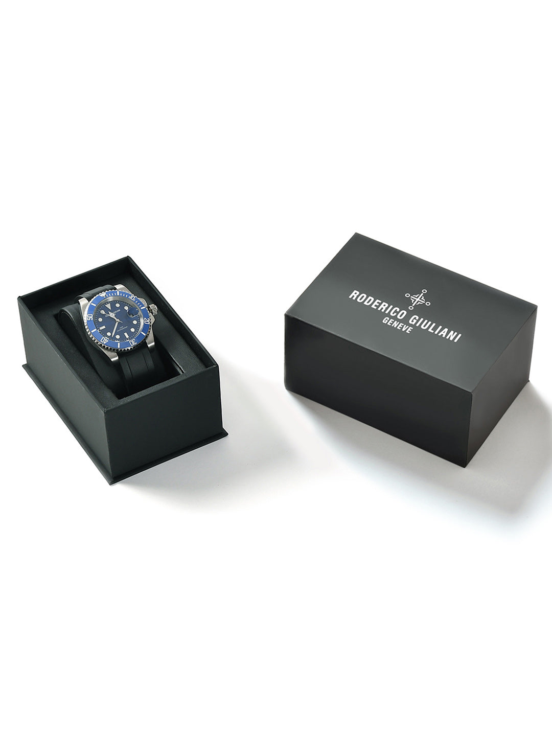 RODERICO GIULIANI ANALOG BLUE DIAL SILVER CASE BLUE BEZEL SILICONE STRAP MEN'S WATCH MSLA-7404