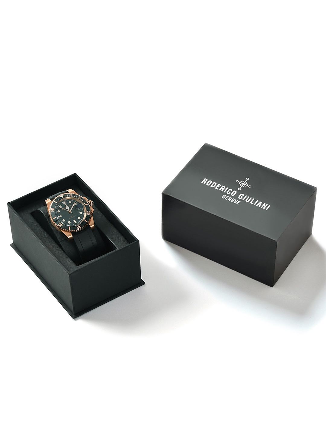 RODERICO GIULIANI ANALOG BLACK DIAL ROSE GOLD CASE BLACK BEZEL SILICONE STRAP MEN'S WATCH MSLA-7405