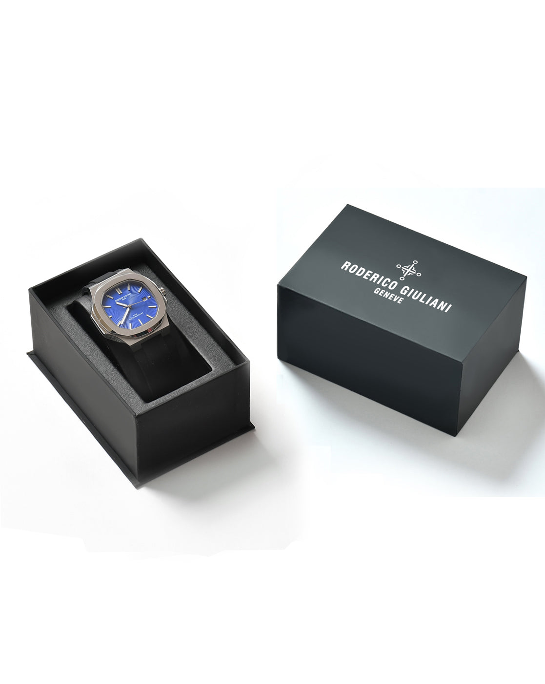 RODERICO GIULIANI ANALOG BLUE DIAL SILVER CASE BLACK SILICONE STRAP MEN'S WATCH MSLA-7701