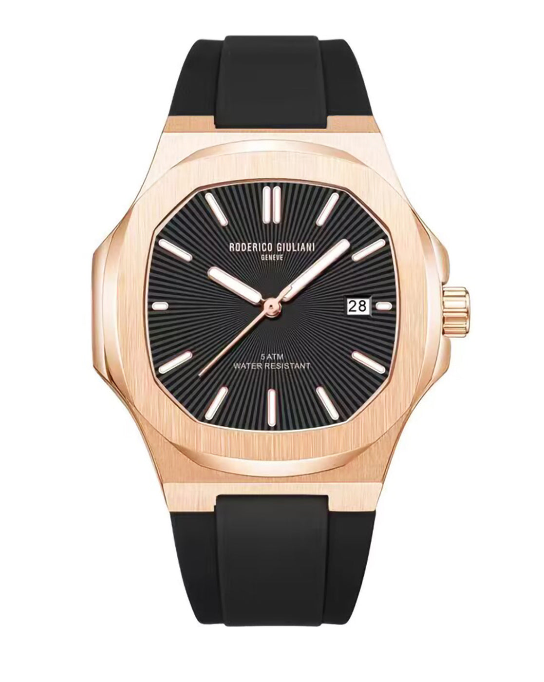 RODERICO GIULIANI ANALOG BLACK DIAL ROSE GOLD CASE BLACK SILICONE STRAP MEN'S WATCH MSLA-7703