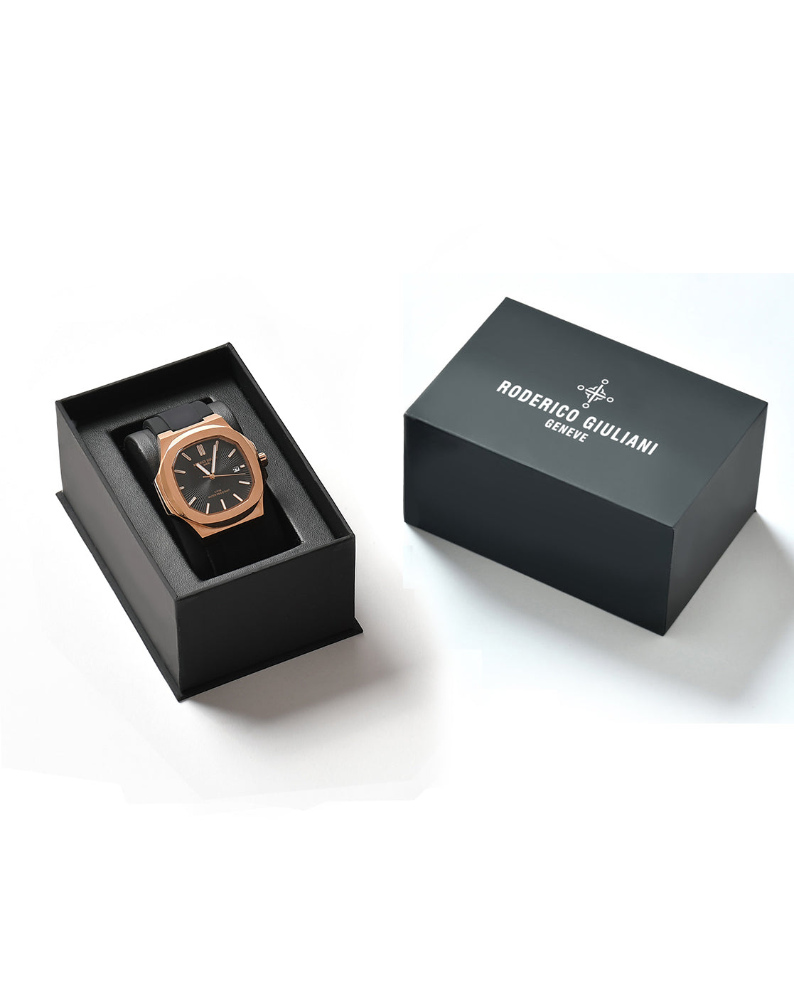 RODERICO GIULIANI ANALOG BLACK DIAL ROSE GOLD CASE BLACK SILICONE STRAP MEN'S WATCH MSLA-7703