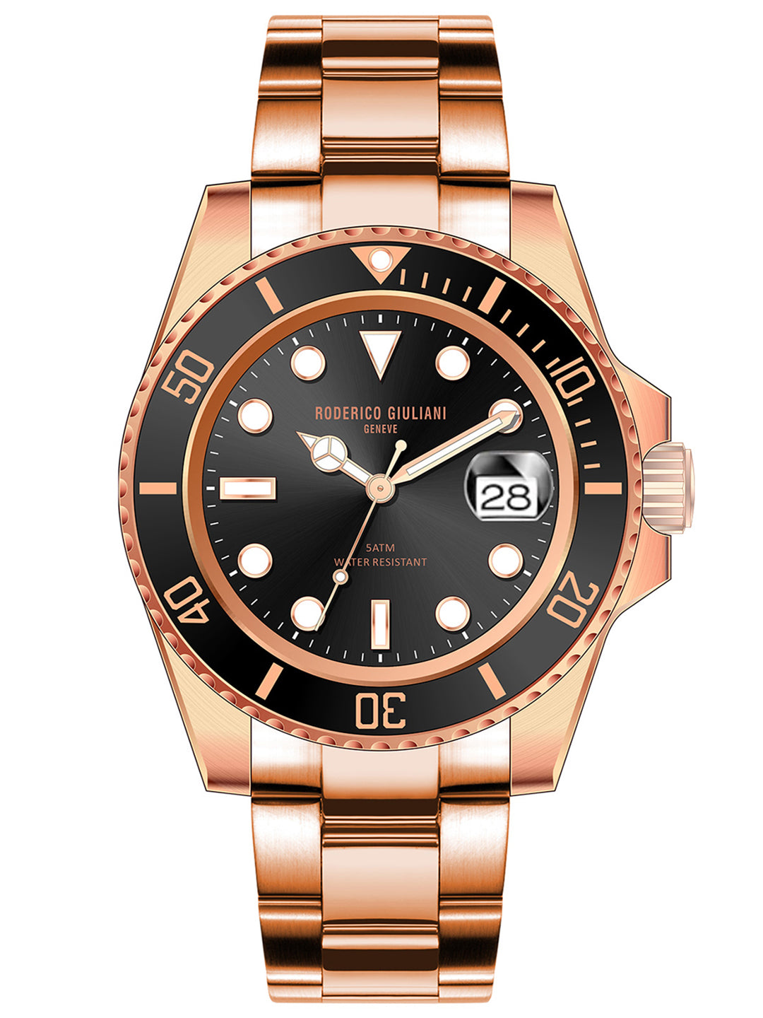 RODERICO GIULIANI ANALOG BLACK DIAL ROSE GOLD CASE BLACK BEZEL STEEL BRACELET MEN'S WATCH MSTA-7405