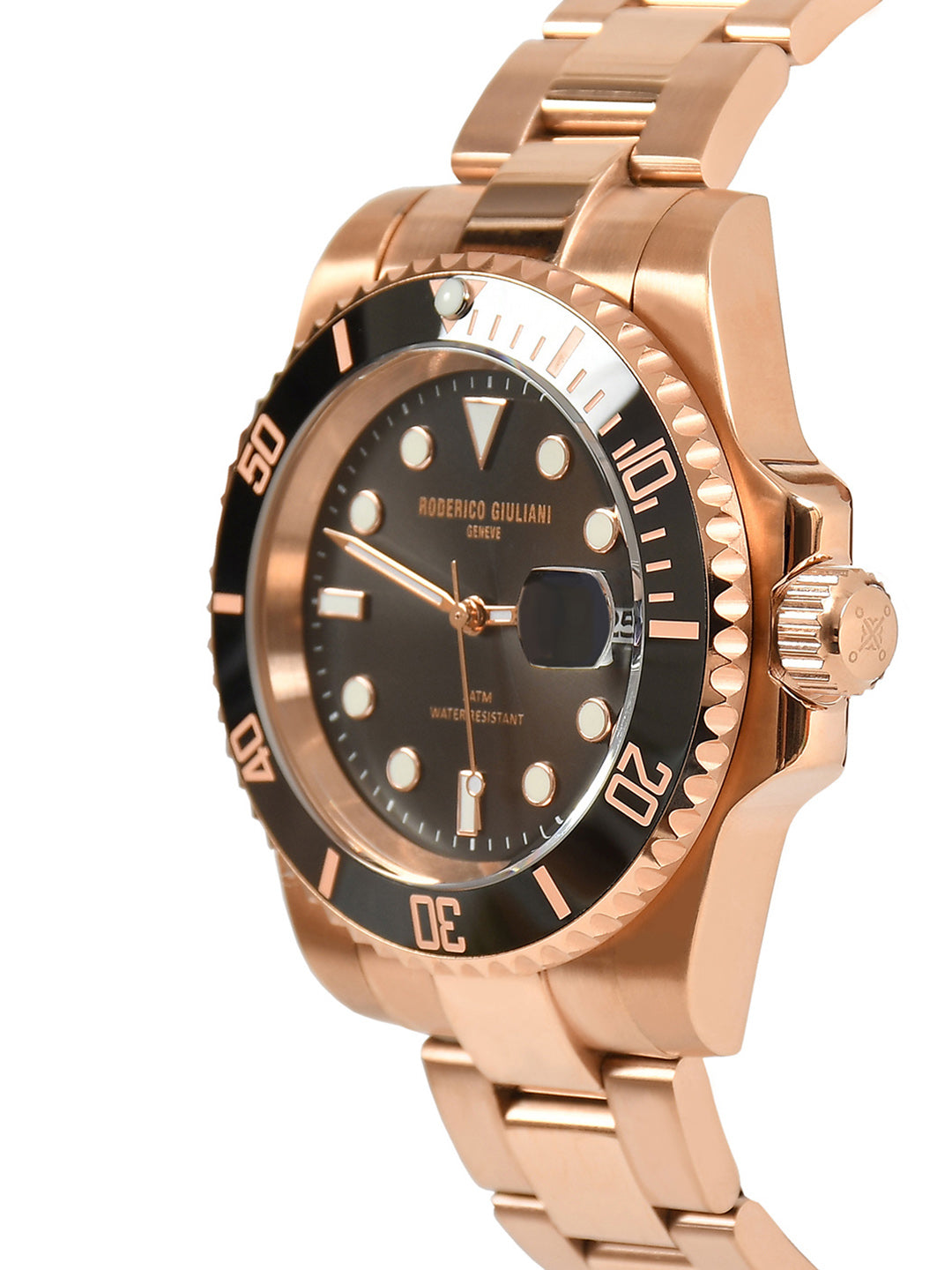 RODERICO GIULIANI ANALOG BLACK DIAL ROSE GOLD CASE BLACK BEZEL STEEL BRACELET MEN'S WATCH MSTA-7405
