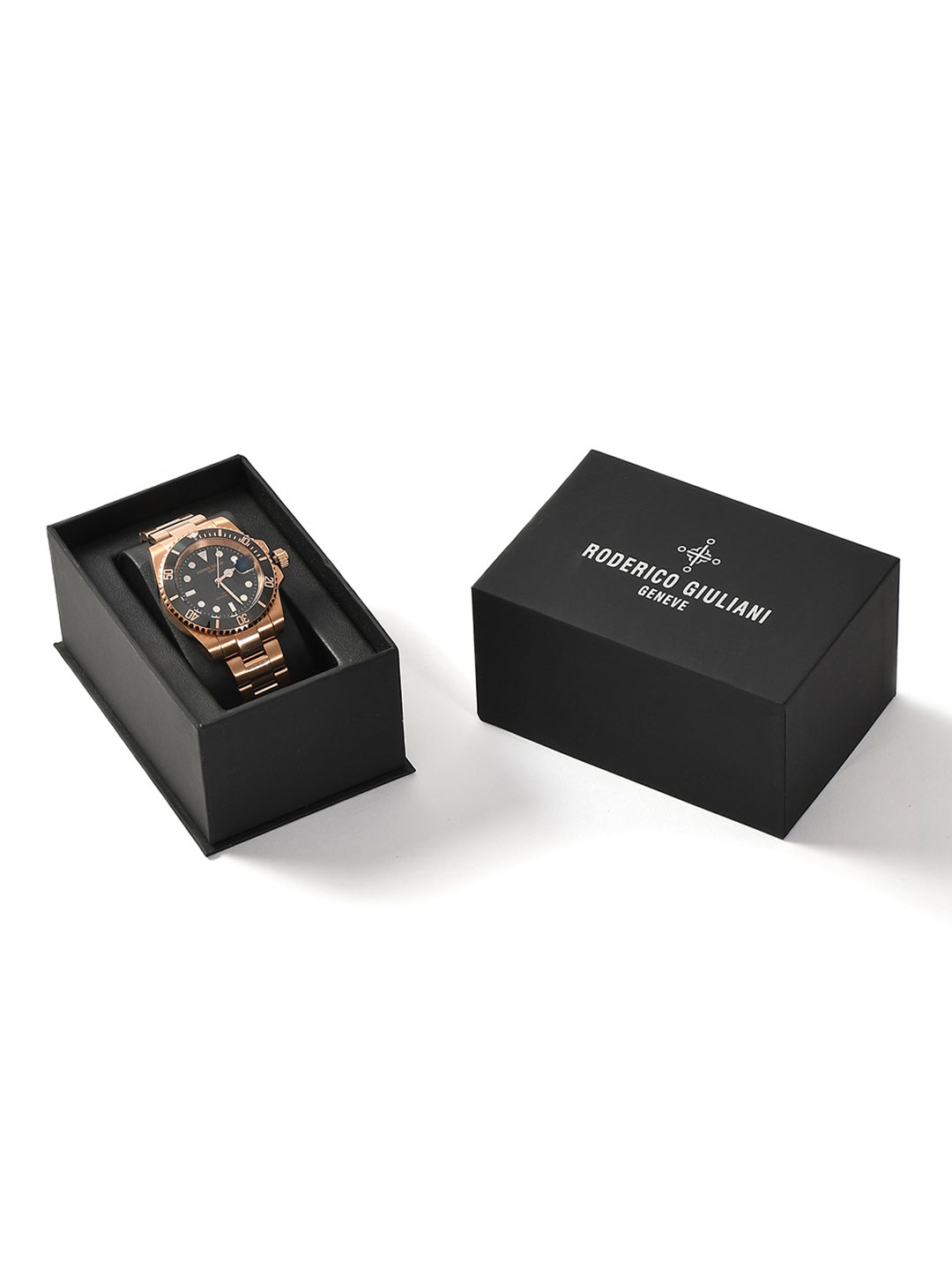 RODERICO GIULIANI ANALOG BLACK DIAL ROSE GOLD CASE BLACK BEZEL STEEL BRACELET MEN'S WATCH MSTA-7405