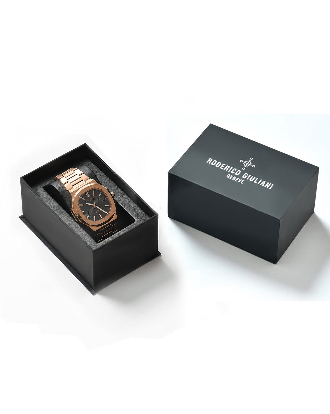 RODERICO GIULIANI ANALOG BLACK DIAL ROSE-GOLD CASE ROSE-GOLD STEEL BRACELET MEN'S WATCH MSTA-7703