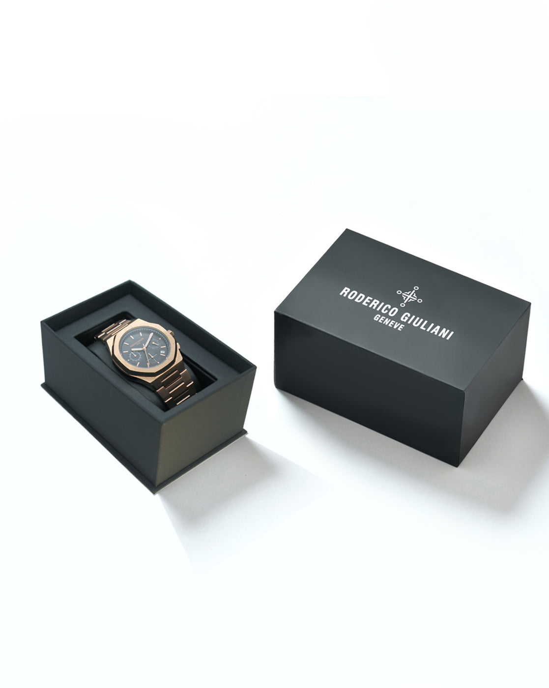 Black Dial Rose Gold Case Men's Chronograph Watch — Steel Bracelet