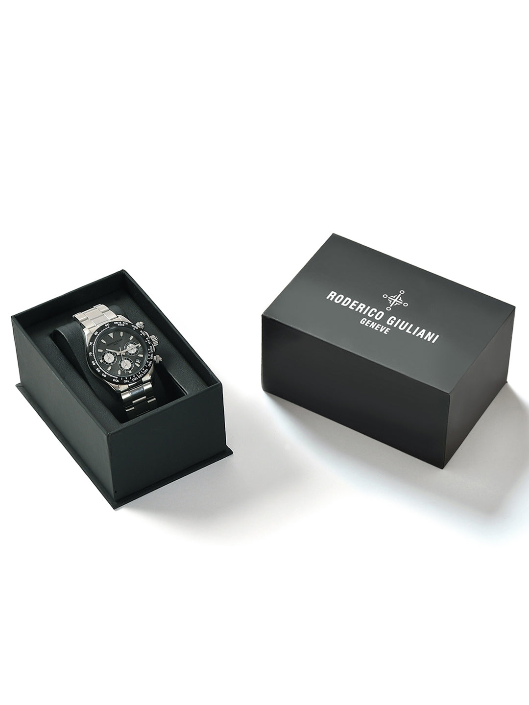 Black Dial Silver Case Men's Chronograph Watch — Steel Bracelet