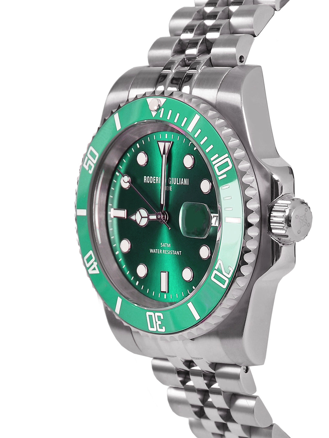 RODERICO GIULIANI ANALOG GREEN DIAL SILVER CASE GREEN BEZEL STEEL BRACELET MEN'S WATCH MJSA-7406