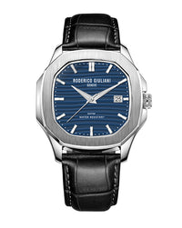 Blue Dial Silver Case Black Leather Strap Men's Analog Watch