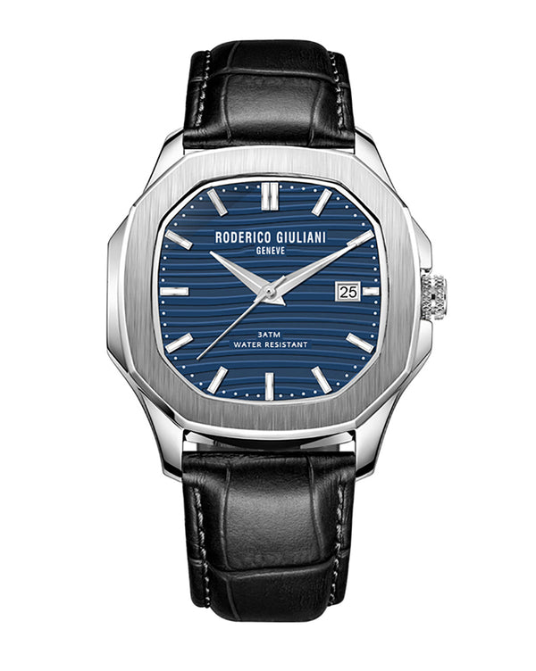 Blue Dial Silver Case Black Leather Strap Men's Analog Watch