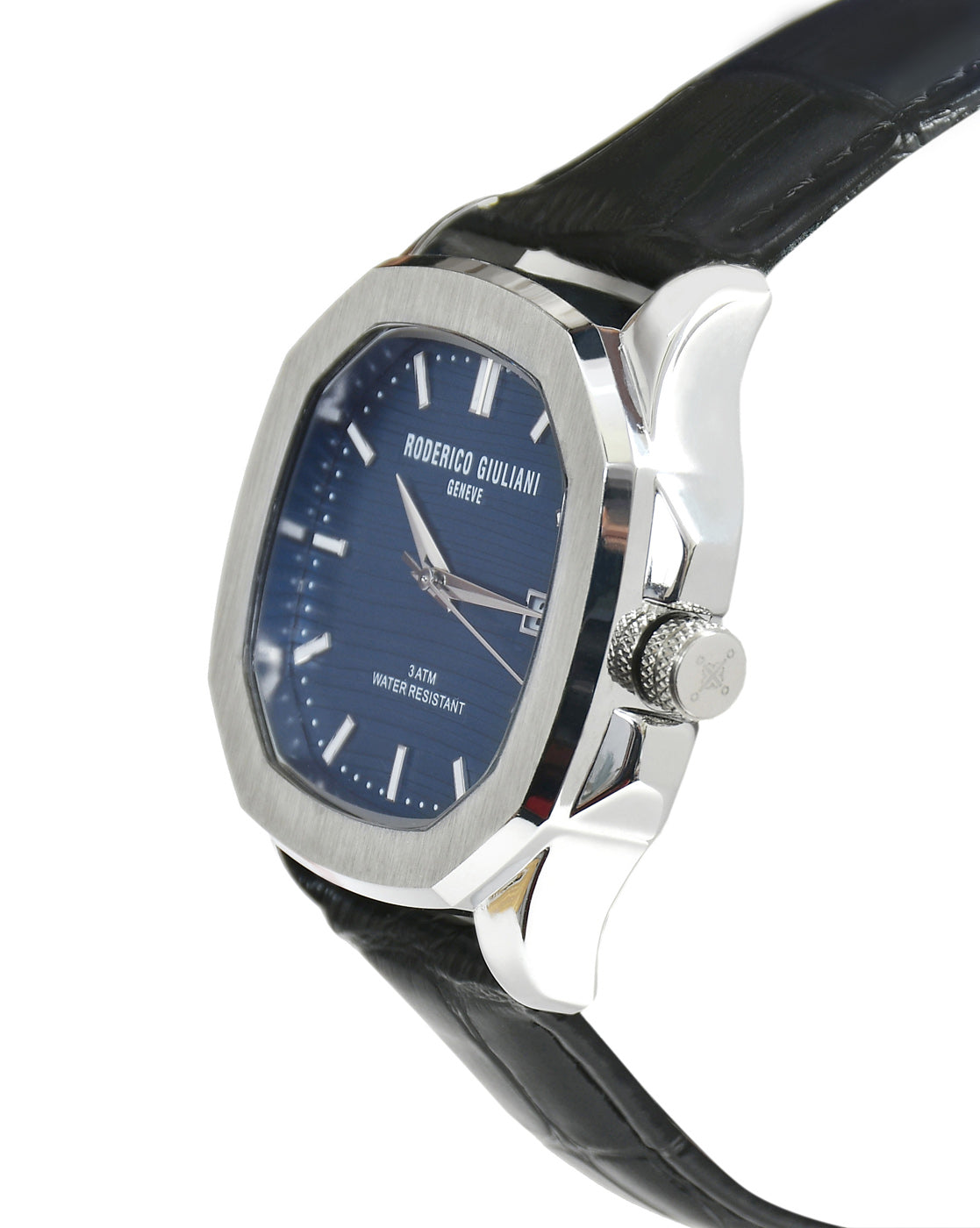 Blue Dial Silver Case Black Leather Strap Men's Analog Watch