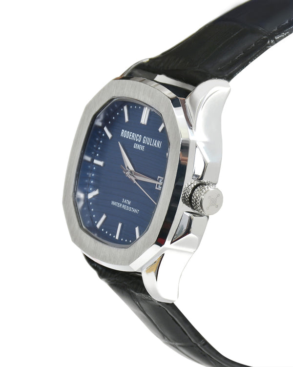 Blue Dial Silver Case Black Leather Strap Men's Analog Watch