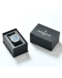 Blue Dial Silver Case Black Leather Strap Men's Analog Watch