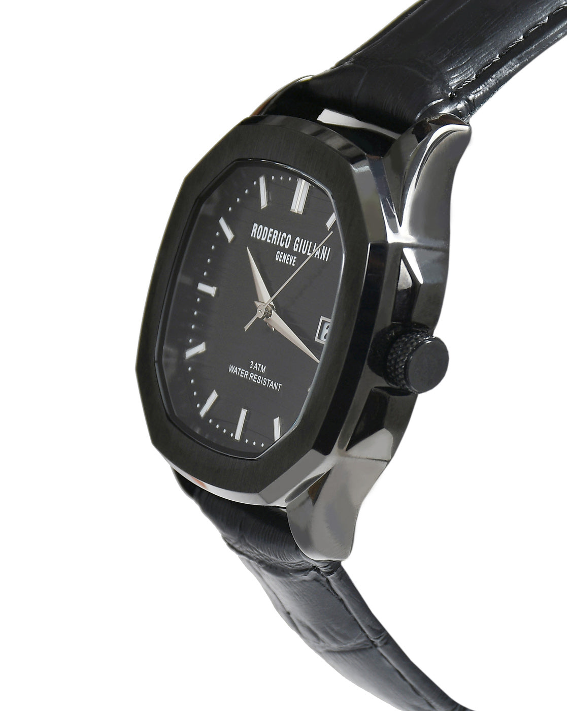 Black Dial Black Case Black Leather Strap Men's Analog Watch