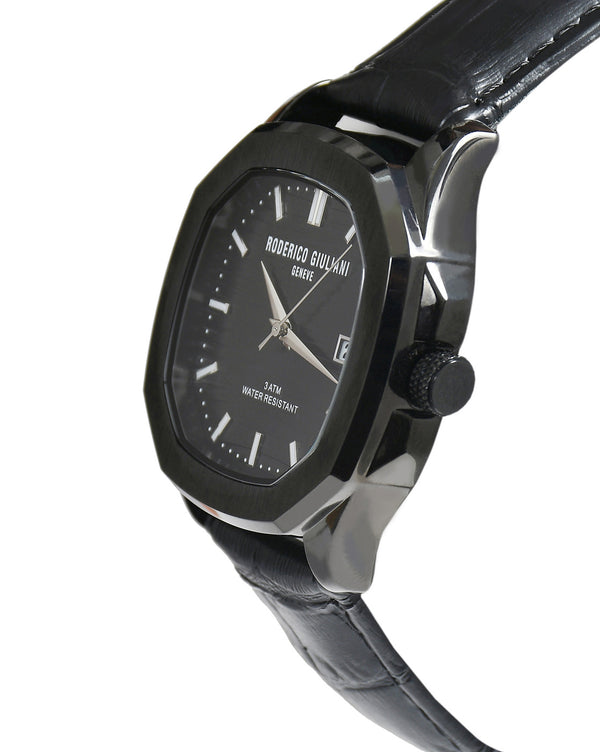 Black Dial Black Case Black Leather Strap Men's Analog Watch