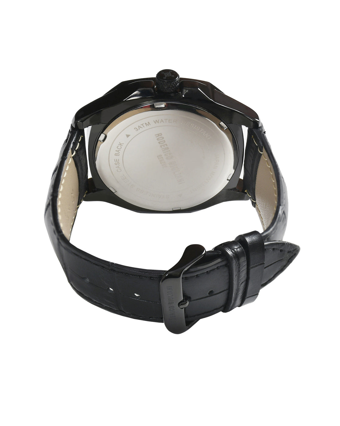 Black Dial Black Case Black Leather Strap Men's Analog Watch