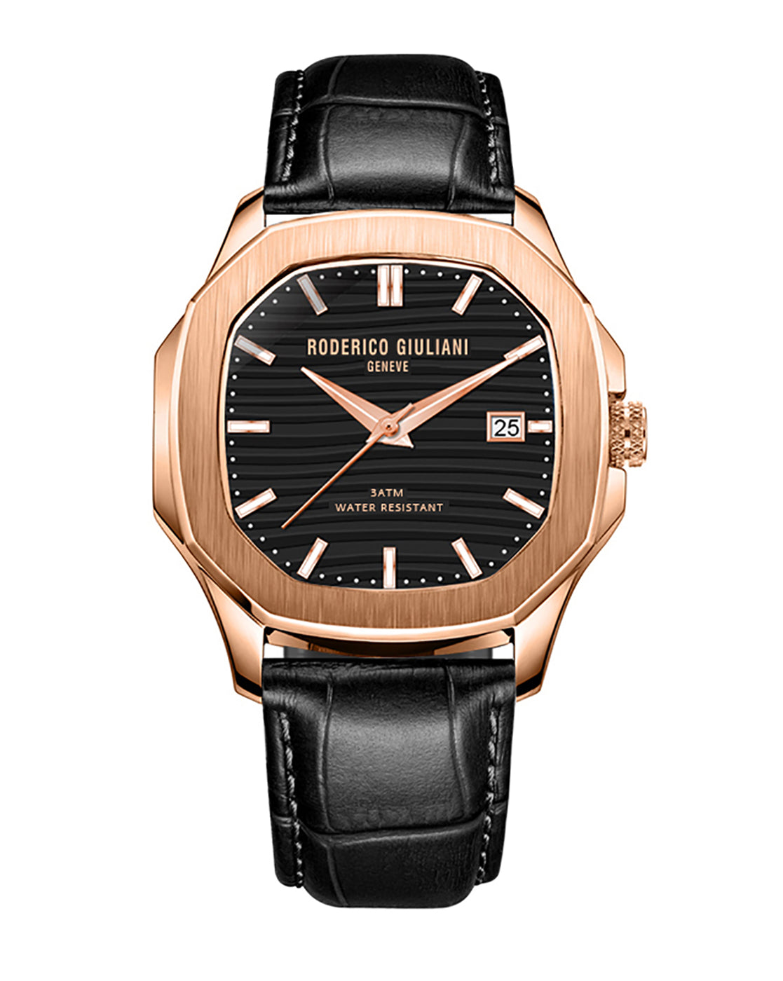 Black Dial Rose Gold Case Black Leather Strap Men's Analog Watch