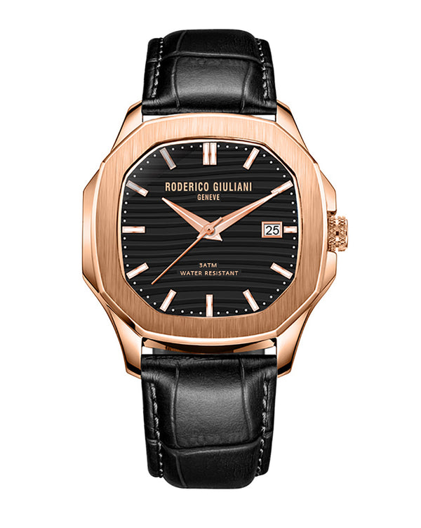 Black Dial Rose Gold Case Black Leather Strap Men's Analog Watch