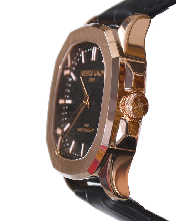 Black Dial Rose Gold Case Black Leather Strap Men's Analog Watch