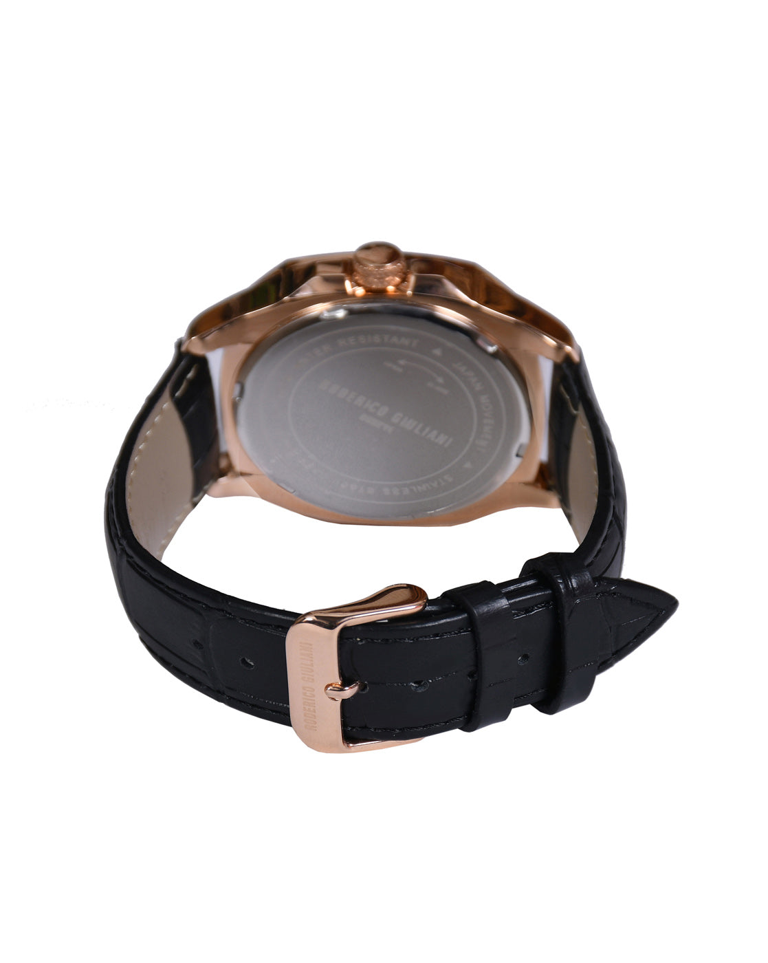 Black Dial Rose Gold Case Black Leather Strap Men's Analog Watch