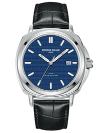 Blue Dial Silver Case Black Leather Strap Men's Analog Watch