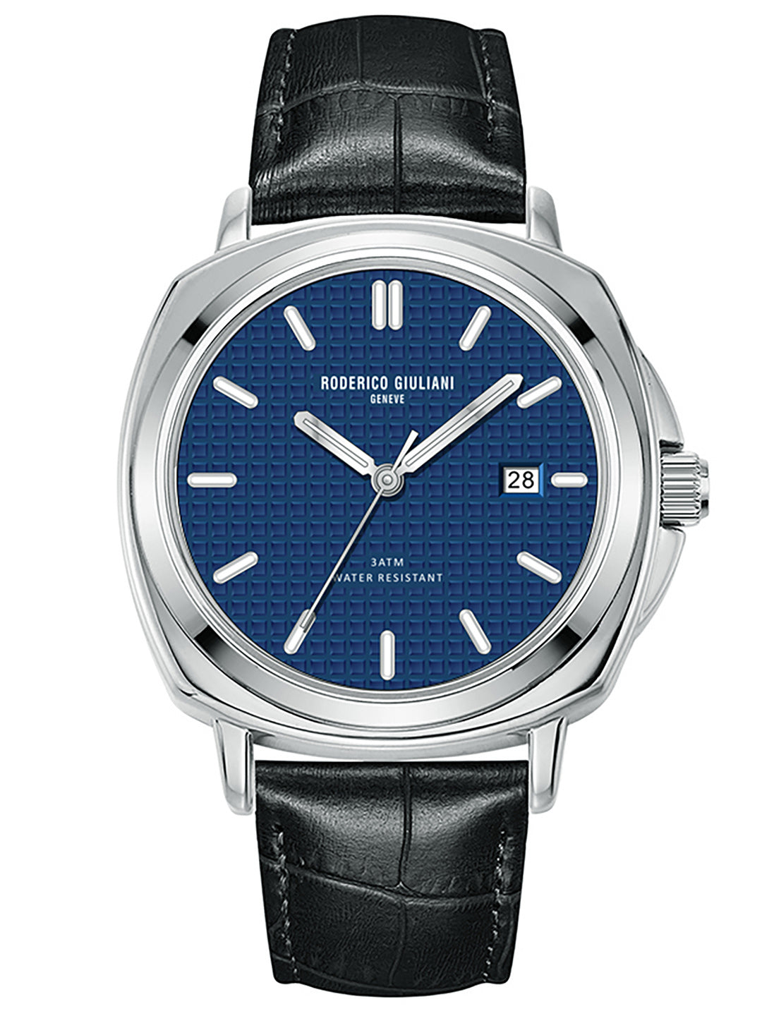 Blue Dial Silver Case Black Leather Strap Men's Analog Watch