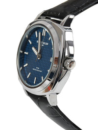 Blue Dial Silver Case Black Leather Strap Men's Analog Watch