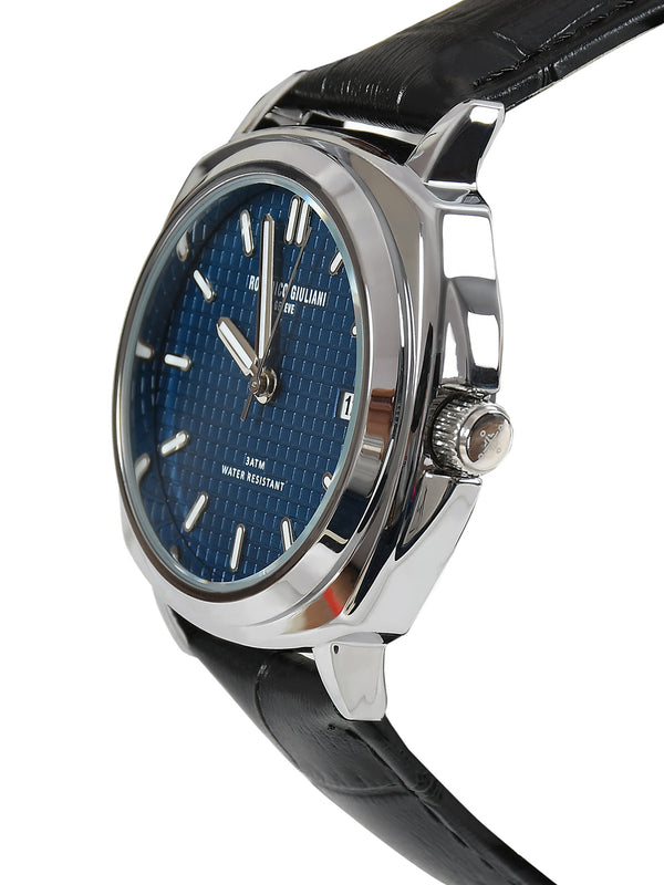 Blue Dial Silver Case Black Leather Strap Men's Analog Watch