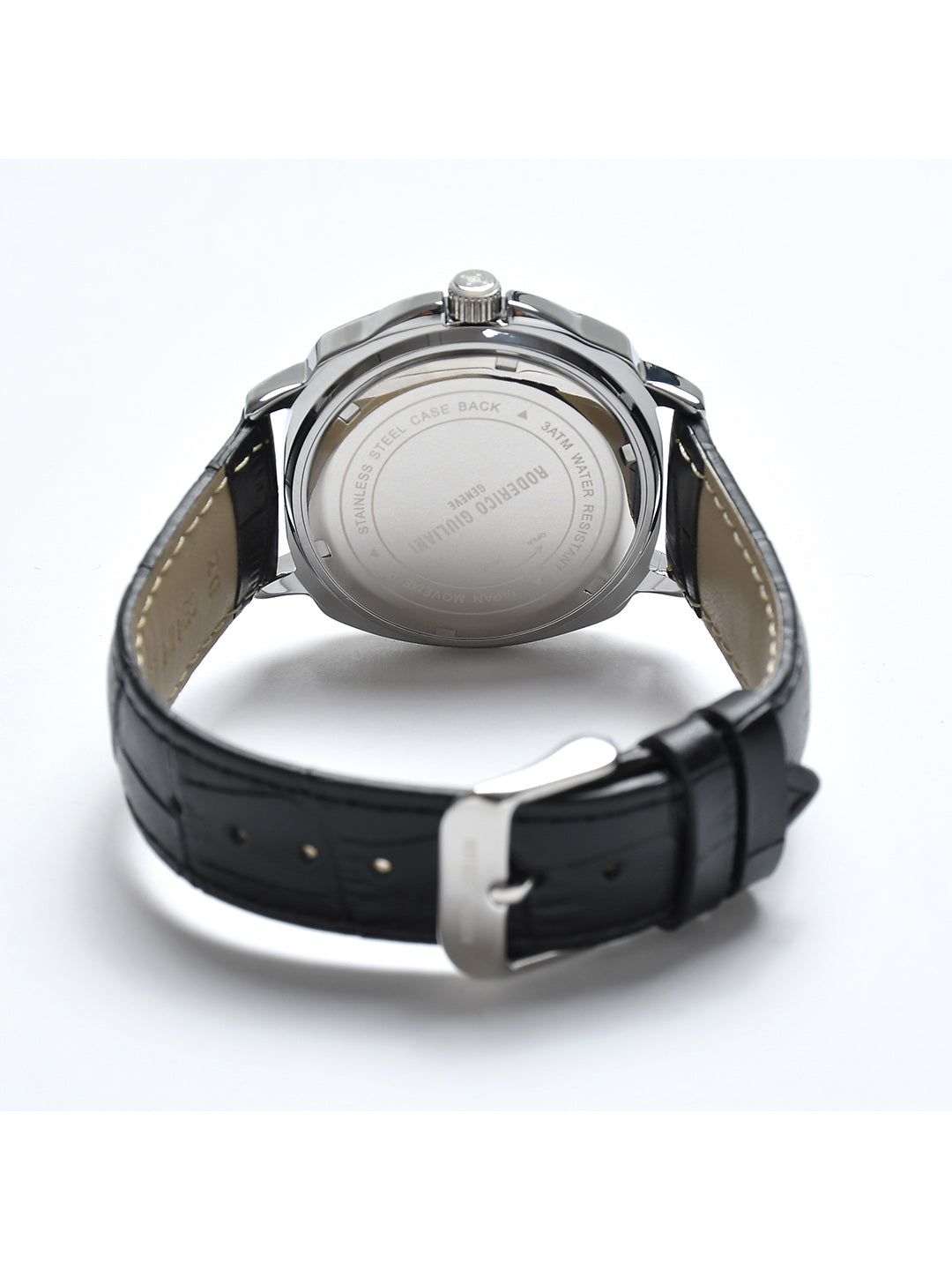Blue Dial Silver Case Black Leather Strap Men's Analog Watch