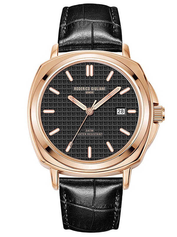Black Dial Rose Gold Case Black Leather Strap Men's Analog Watch