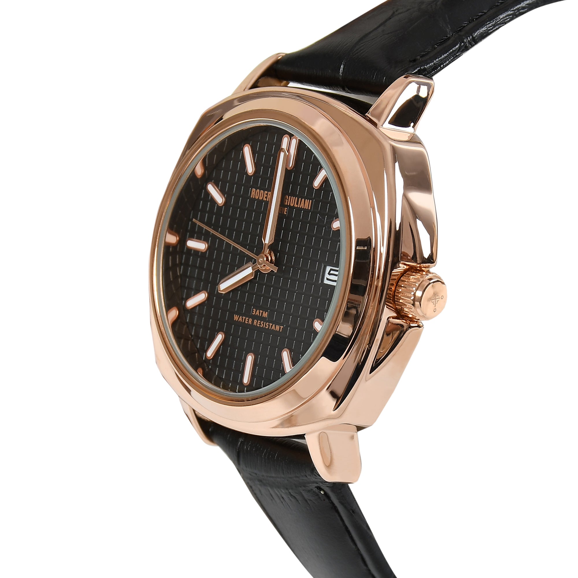 Black Dial Rose Gold Case Black Leather Strap Men's Analog Watch