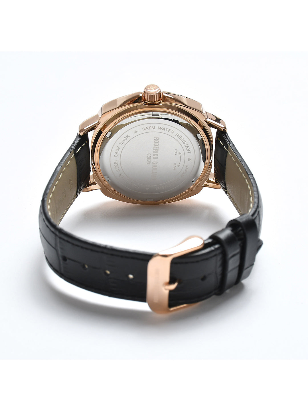 Black Dial Rose Gold Case Black Leather Strap Men's Analog Watch