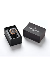 Black Dial Rose Gold Case Black Leather Strap Men's Analog Watch