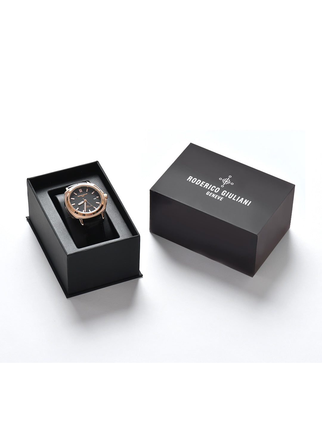 Black Dial Rose Gold Case Black Leather Strap Men's Analog Watch