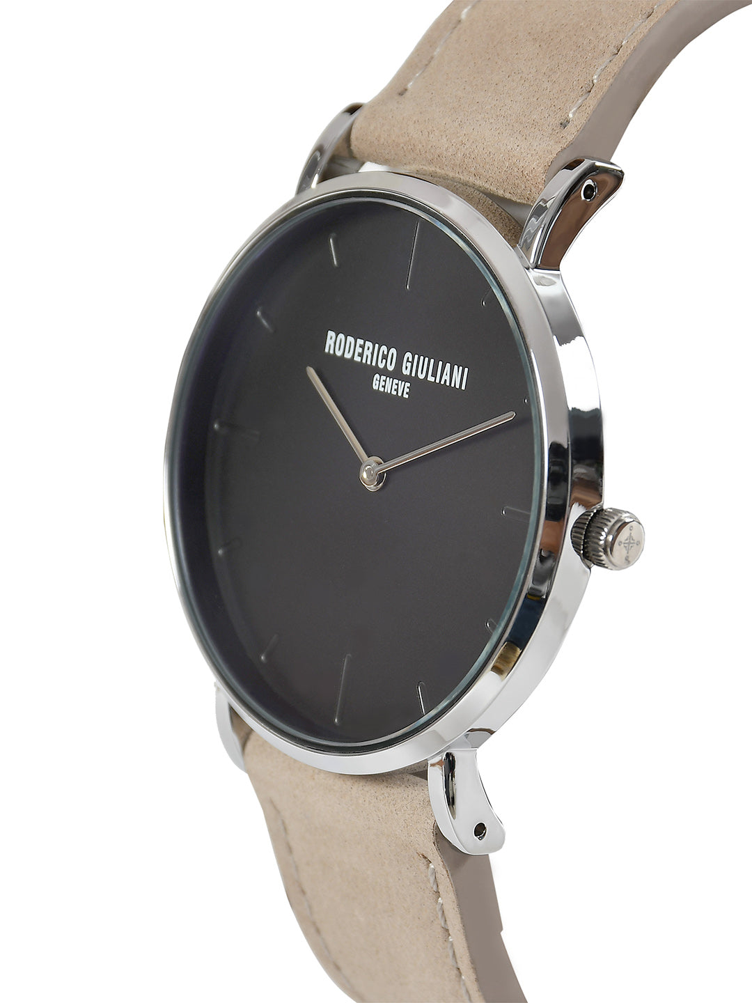 Black Dial Silver Case Beige Suede Leather Strap Men's Analog Watch