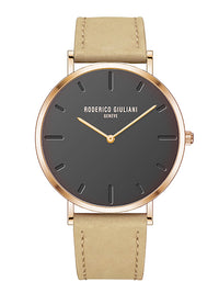 Black Dial Rose Gold Case Camel Suede Leather Strap Men's Analog Watch