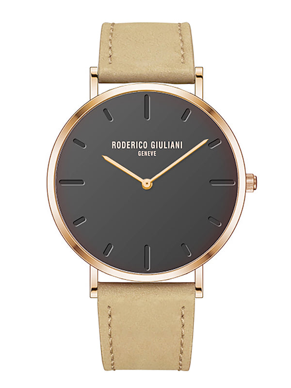 Black Dial Rose Gold Case Camel Suede Leather Strap Men's Analog Watch